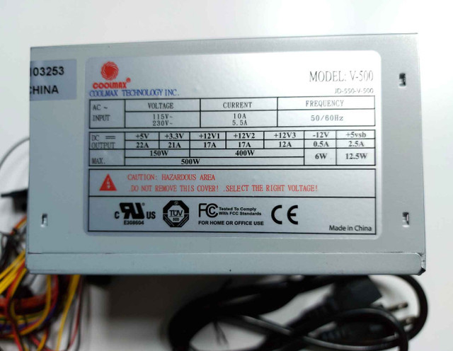 New Coolmax V-500 500W SATA 20/24pin Power Supply in System Components in London - Image 4