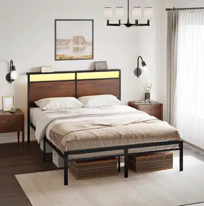Full/Double Bed Frame w/Headboard and LED lights, View more