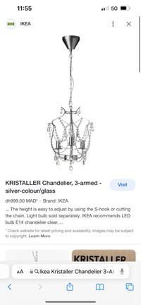 Ikea Kristaller Chandelier 3-Armed Silver Color Glass