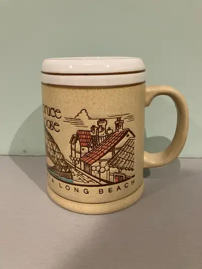 Ceramic Long Beach California beer mug depicting Queen Mary and Spruce Goose 4 1/2” tall 2 3/4” open...