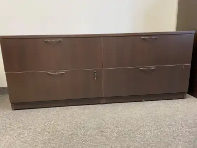 Solid professional quality. 72" wide x 20" deep x 28" high Walnut brown colour Lockable drawers Like...