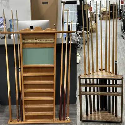 POOL CUE RACKS & 14 CUES + REST – DUFFERIN & VINTAGE SCORING UNI, View more