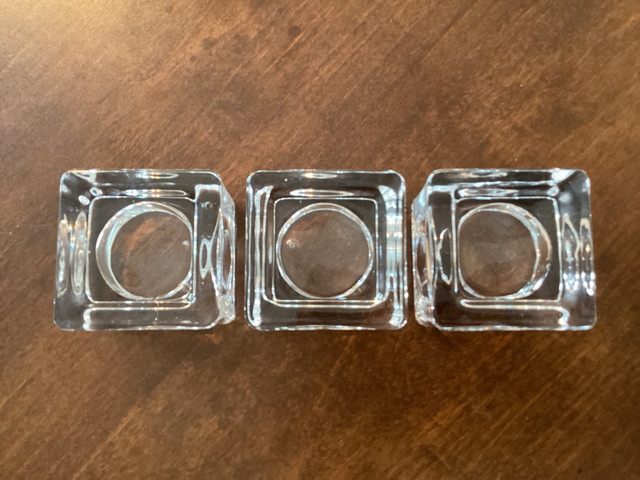 3 Heavy Clear Glass "Ice Cube" Candle Holders - Orrefors Style in Home Décor & Accents in West Island - Image 3
