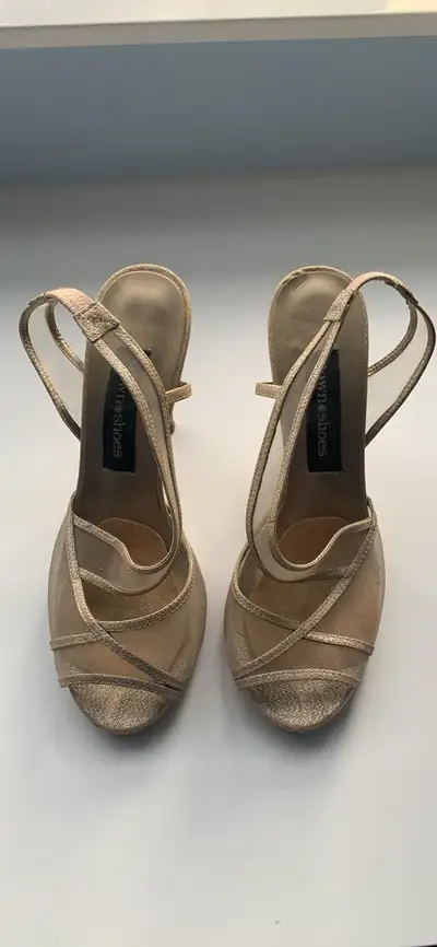 Sparkly golden open toe heels, View more