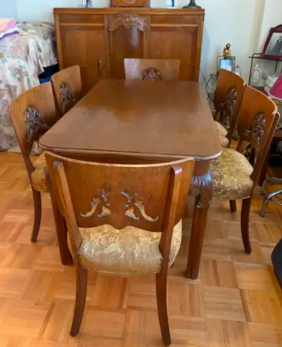 ANTIQUE DANISH OAK DINING ROOM SET + CABINET/SIDEBOARD - 1930’s, View more