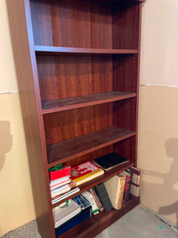 Solid dark wood 6’ shelves.