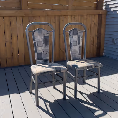 Pair Of Metal Dining Chairs with Fabric Seats. Two Metal Dining Chairs, Grey Metal Frame, Beige and...