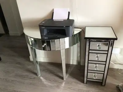 Mirrored accent pieces. Half table with drawer. Small, View more