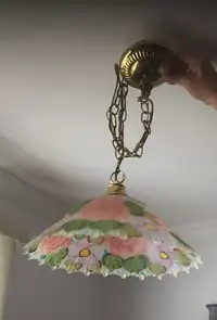 Vintage suspension lampe en verre givre floral peint a la main