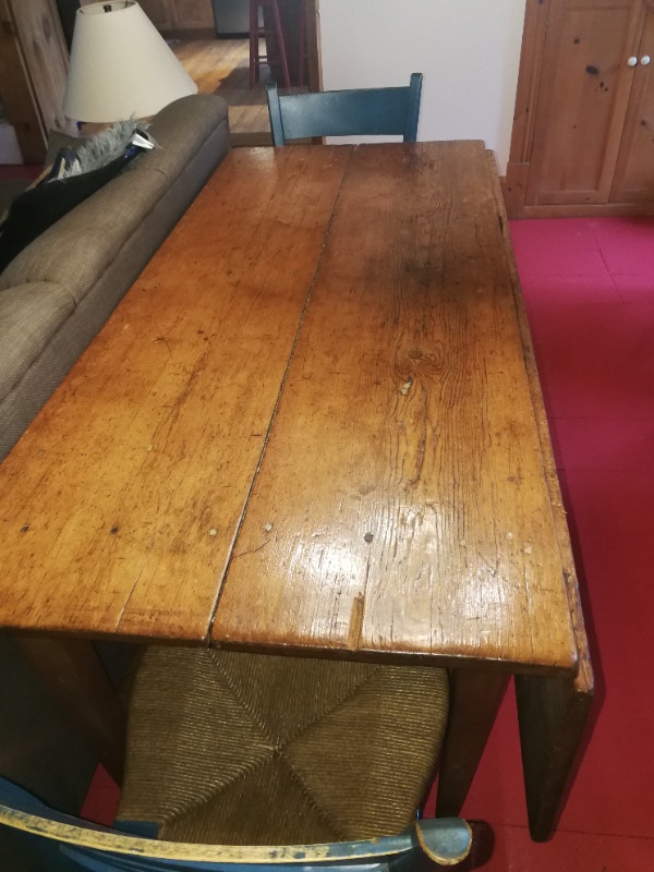 Antique pine table circa 1840 and 6 original blue painted chairs
