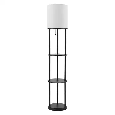 Floor lap stand with white linen shade and storage shelves, View more