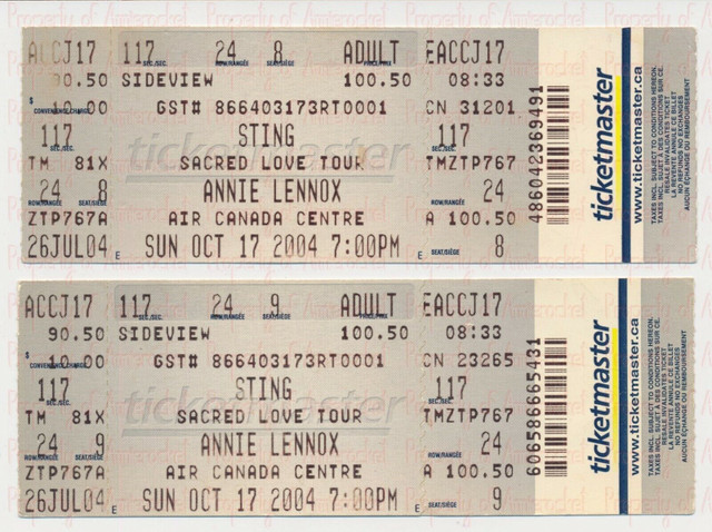 Sting & Annie Lennox Ticket Stubs-Air Canada Centre-Oct -17-2004 in Arts & Collectibles in City of Toronto - Image 3