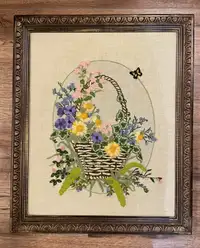 Needlework Embroidered Basket of Flowers, Framed 23” x 19”