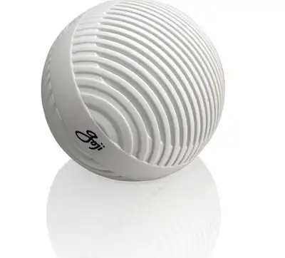 Small white bluetooth speaker Goji GBTW14 (2.5"/65mm round) that also runs with a 1/8"/3.5mm jack in...