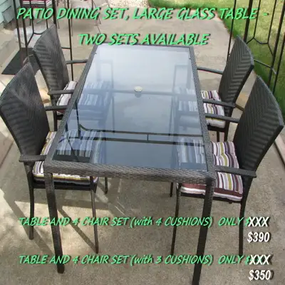 ❤️  PATIO DINING SET, LARGE GLASS TABLE  - TWO SETS AVAILABLE., View more