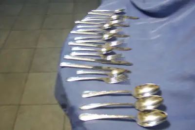PLATED SILVER SIX PLACE SETTING PLUS THREE SERVING SPOONS, View more