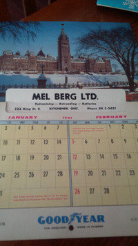 2 Older Calendars, Mel Berg Ltd., Kitchener, Phone SH. 5-5631