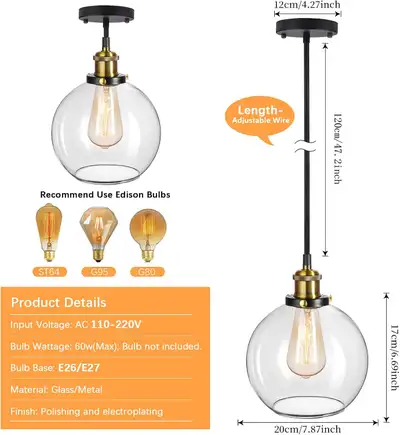 Frideko 2-Pack Glass Pendant Light – Vintage Style, 7.9" Globe,, View more