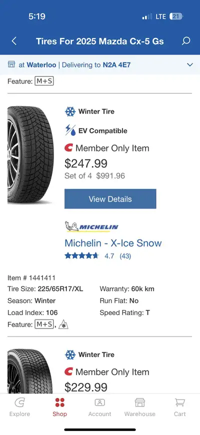 STUDLESS MICHELIN X-ICE SNOW TIRES 225/65R17 106TXL With 17” Alloy wheel Rims Winter tires Mint cond...