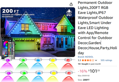 Permanent Outdoor Lights,100-200FT RGB Eave Lights,IP67 Waterp, View more