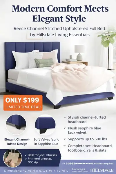 Upholstered Full Bed, Sapphire Blue, by Hi, View more