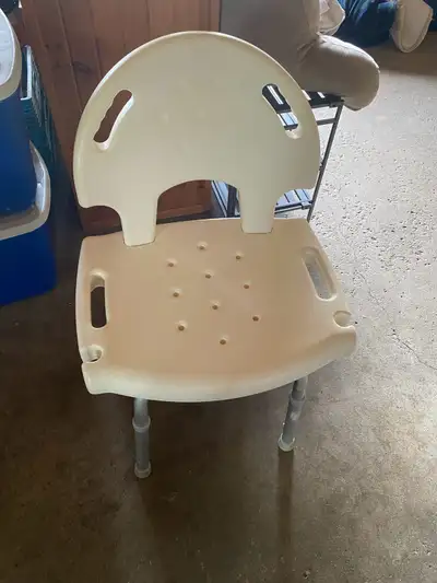 For sale adjustable aluminum legs plastic seat no rust shower chair clean,with back rest 30.00 Tills...