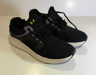 Size 7 women’s black with purple/green Under Armour Charged, View more