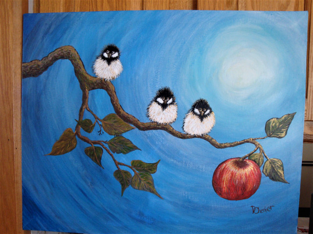 Acrylic painting, Chickadees on Apple Branch in Arts & Collectibles in Sudbury - Image 3