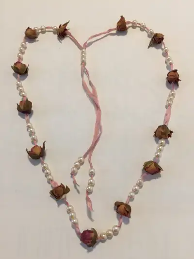 Real dried rosebud and ribbon necklace, View more