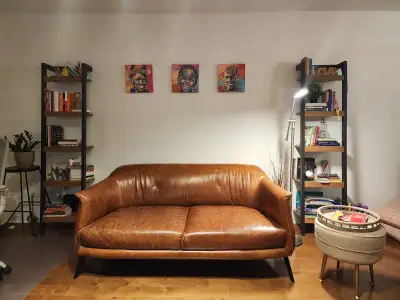 MOVING SALE! Structube 100% Leather Sofa Like new ($1,500 Value), View more
