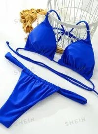 Mono Bikini Set Halter Micro Triangle Bra Royal Blue Size M