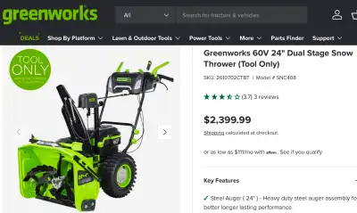 NEW - GREENWORKS 60V SNOW THROWER & MOWER COMBO - TOOL ONLY, View more