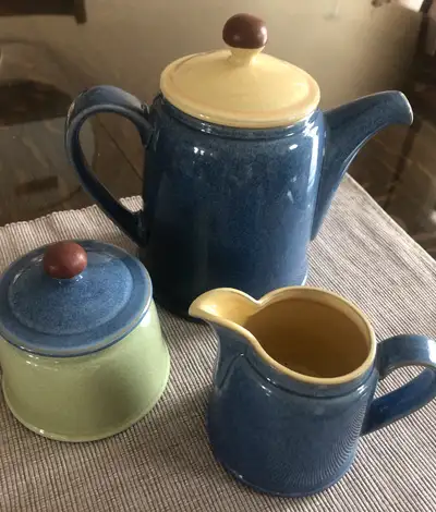 Denby of England teapot and sugar/creamer. ‘Juice’ pattern. Blue, yellow, green. Excellent condition...