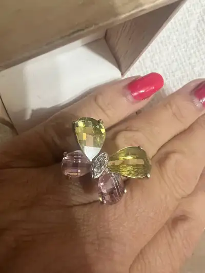 925 silver pink and green quartz ring with 3 diamonds Size 8/8.5