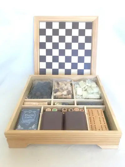 Wooden Board Game Set Chess Checkers Deck of Cards Dominoes Dice, View more