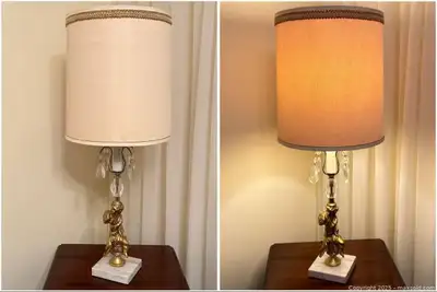 Vintage Brass Cherub Table Lamp with Crystal Prisms & Marble Bas, View more