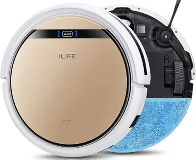 Pre-owned ILIFE robot vacuum. Gold colour. Includes new filter + extra filter, side brushs and new m...