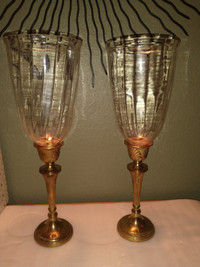 Pair of vintage brass w/ glass hurricanes candle holders 16" h.
