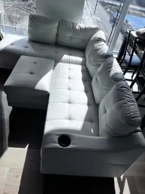 White Faux Leather Sectional Sofa with Ottoman