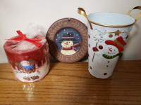 NEW Lovely Snowman Candle,  Plaque and Metal  Vase