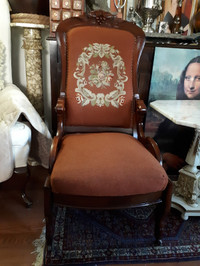 Restore Antique Victorian Chair Needlepoint Seat n' Back Castors