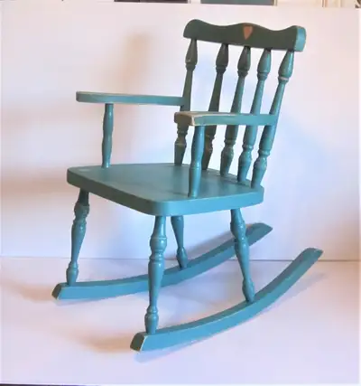Vintage Child's Green Rocking Chair Solid Wood With Yellow Seat, View more