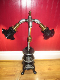 STEAMPUNK CAST IRON POT BELLY WOOD STOVE TABLE LAMP