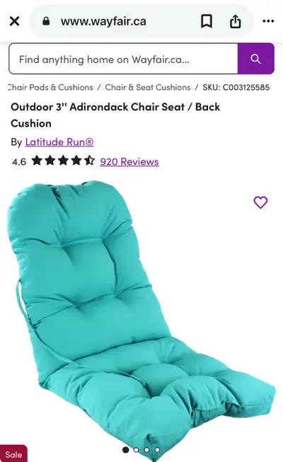 Outdoor 3'' Adirondack Chair Seat / Back Cushion 1 Piece Turquoise Retails: $126.99 sale $96.99 + ta...