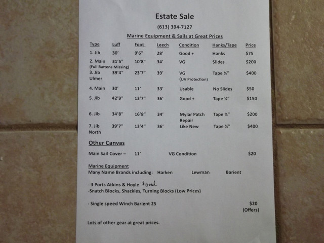Estate Sale....Boat/Marine Sails and Equipment in Boat Parts, Trailers & Accessories in Belleville - Image 3