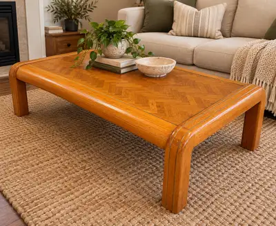 Vintage Oak Coffee Table – Parquet Wood Top, View more