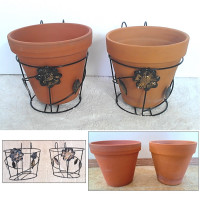 2 SETS of Terracotta Hanging Planter Pot + Wired Railing Holder