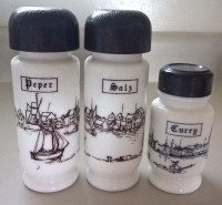 Vintage Milk Glass Salt, Papper and Curry Spice Jars