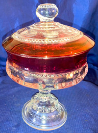 Antique EAPG Clear & Ruby Red Glass Footed Base Candy Dish w/Lid