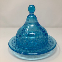 EAPG McKee Blue Glass Daisy & Button Covered Butter Cheese Dish